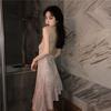Autumn and Summer New Sexy Pink Suspender Dress, Beautiful Back Shiny Irregular Ruffle Skirt Women's Clothing