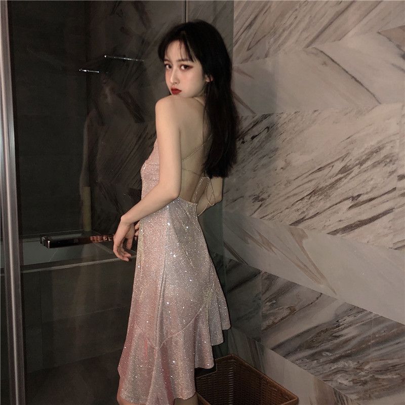 Autumn and Summer New Sexy Pink Suspender Dress, Beautiful Back Shiny Irregular Ruffle Skirt Women's Clothing