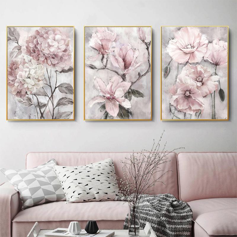 Pink Floral Posters Print for Nordic Bathroom Living Room Flower Wall Art Canvas Painting Home Wall Decor Pictures Farmhouse