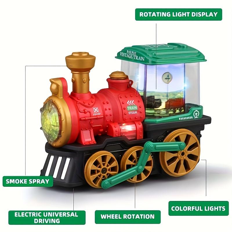 A retro steam train children's toy, a children's toy car with functions of lighting, spraying, music playing and automatic obstacle avoidance