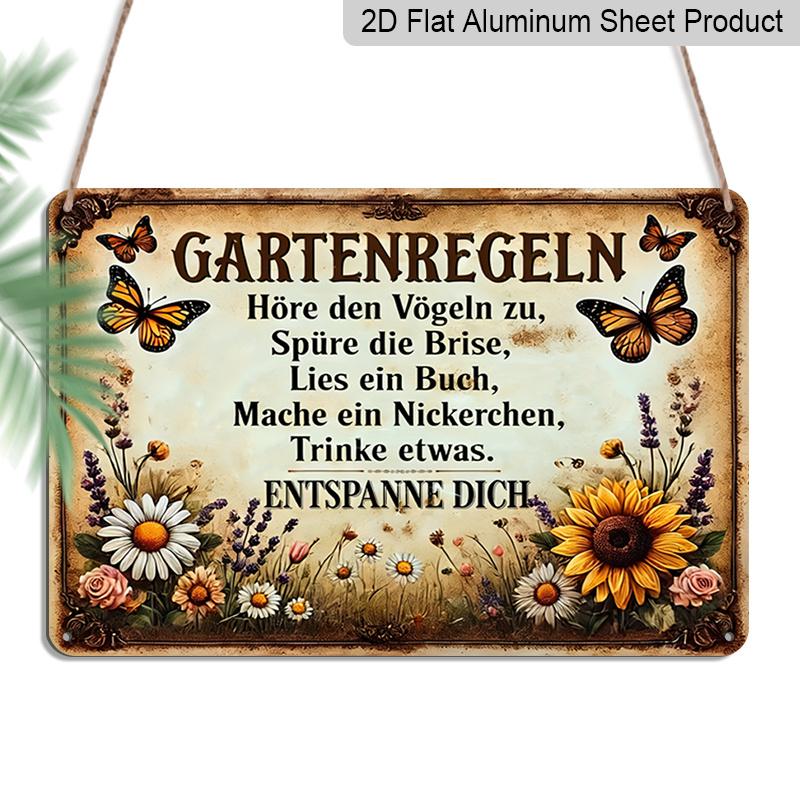

2D Flat, 1pc, Vintage German Gartenregeln Metal Sign - Country-Style Wall Art Featuring Butterfly and Sunflower Designs, Suitable for Decorative 20*30cm