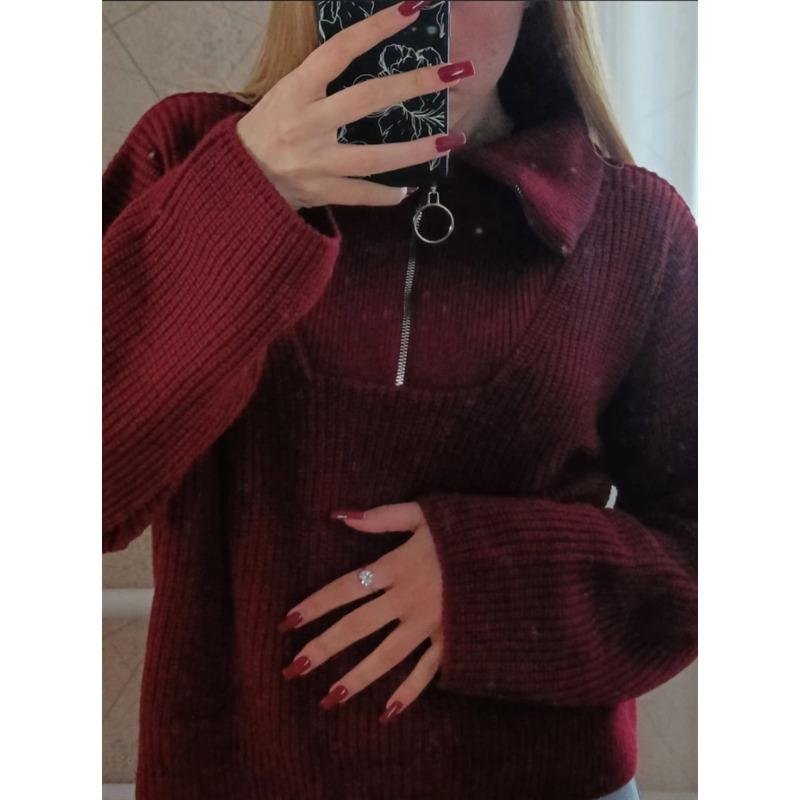 New Retro Long-sleeved Top Loose Design Lapel Zipper Pullover Knitted Sweater