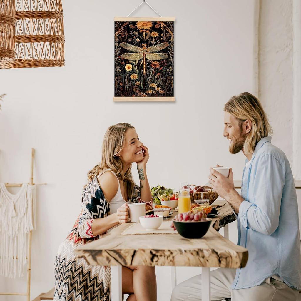 FITIE Vintage Moody Floral Dragonfly Canvas Wall Art Poster, Retro William Morris pired Cottagecore Flower Botanical Dragonfly Wall Decor Prints for