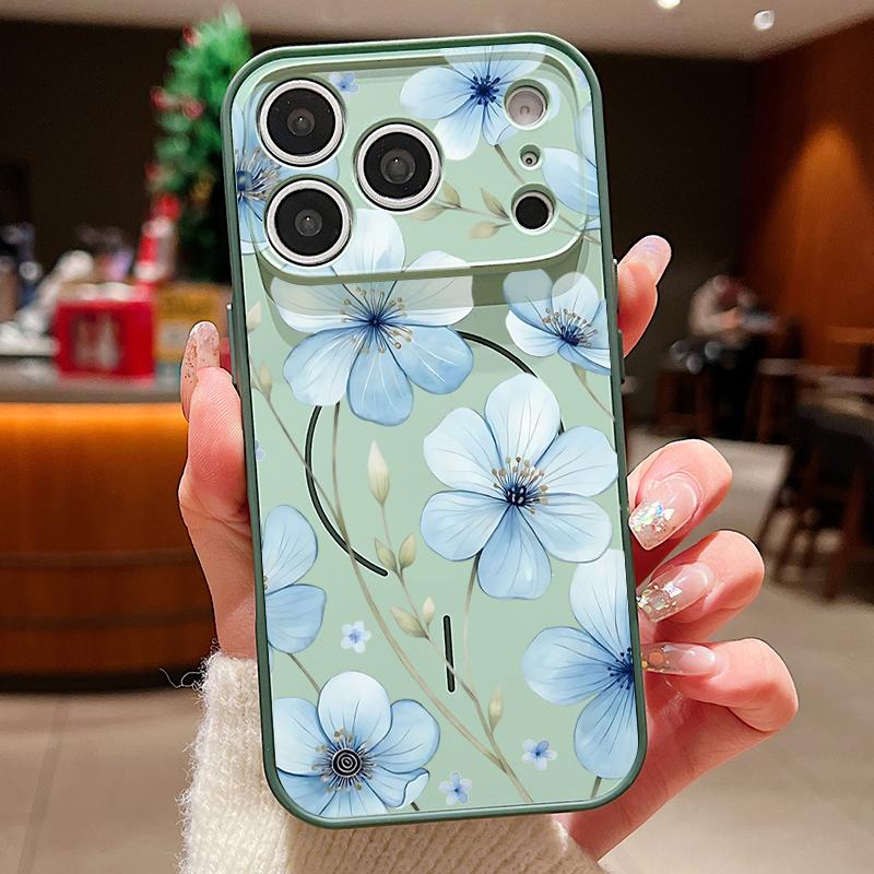 Lovely Sky-blue Flowers Pattern Case For iPhone 17 Pro Max Magnetic For Magsafe Skin Feeling Cover For iPhone 16 15 14 13 Pro Max