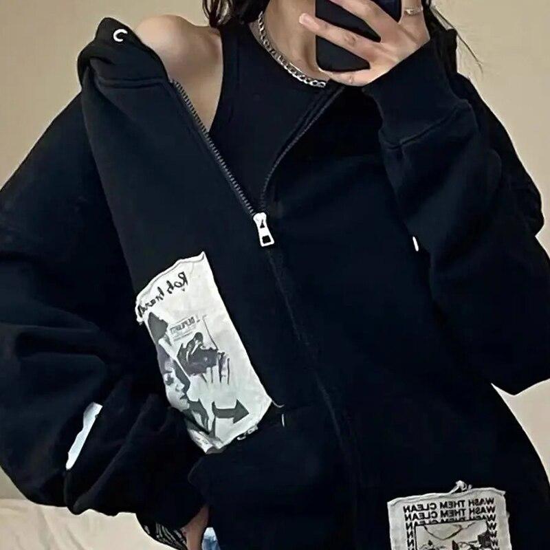 Damen Street Brown Graffiti Print Reißverschluss Vintage Tops Hoodie Sweatshirts Hoodies Kawaii Bluse Grunge Y2k Mäntel Herbstjacken