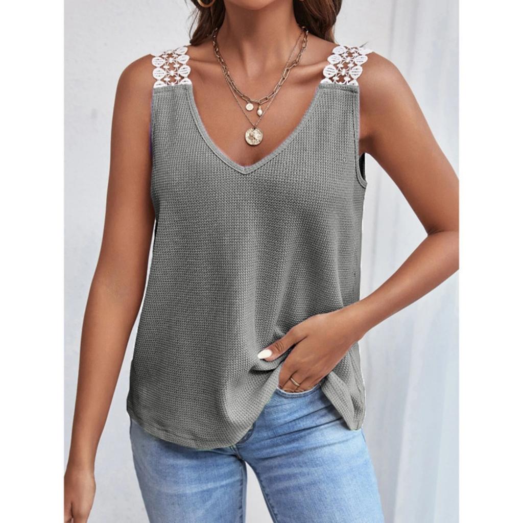 Women's New Solid Color Waffle Lace Splicing Casual Vest T-shirt Top For European American
