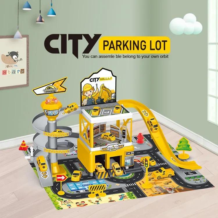 Rail Car Parking Assembled Runway Inertia Car Engineering Vehicle Children Toy City Garage Alloy Racing Track Toys For Boys Gift