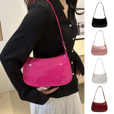 Retro Glossy Shoulder Bag Ladies Solid Color Faux Leather Underarm Bag Casual Hobo Purse Waterproof Handbag for Daily Life Travel Parties