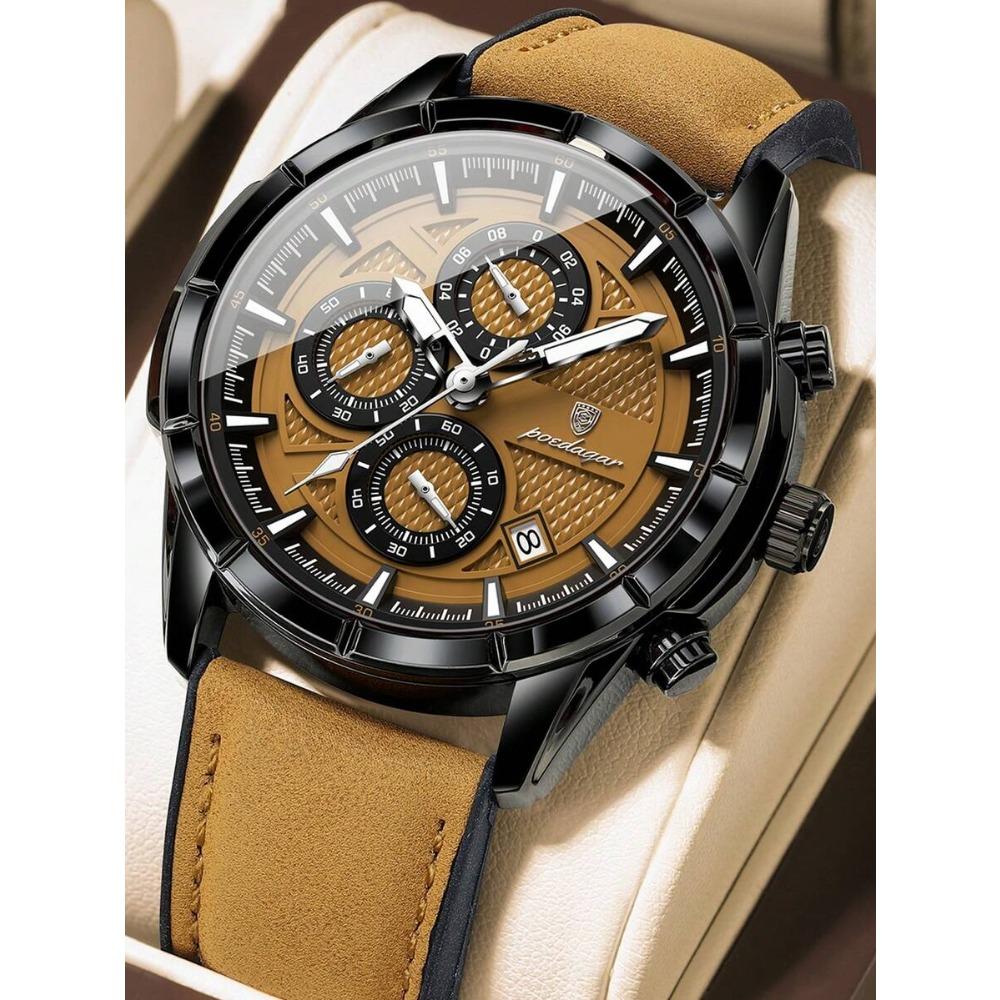 POEDAGAR 1pc Men's Fashion Casual Wristwatch, PU Leather Strap Quartz Watch,Waterproof Luminous Date Chronograph Design, Gift For Men