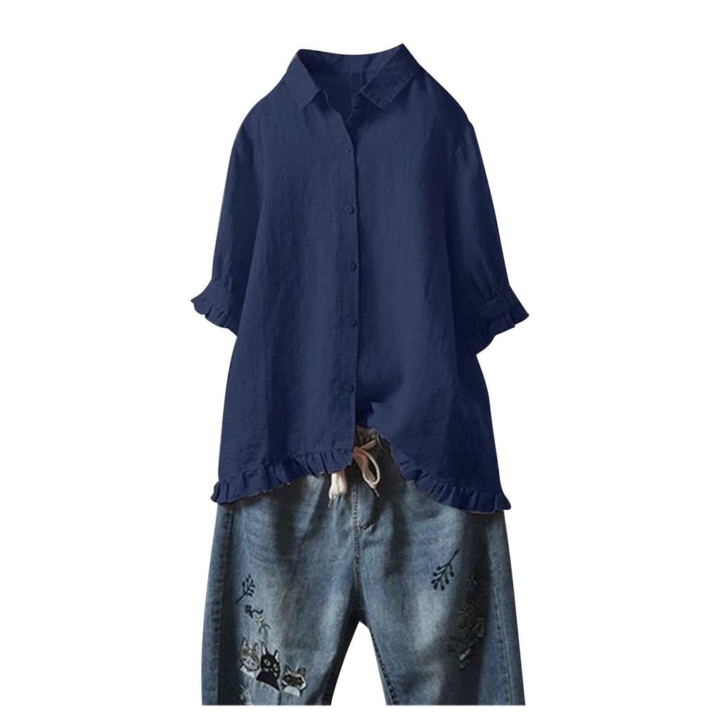 Women's Fashion Casual Single Breasted Ruffle Half Sleeve Shirt Colour Tops