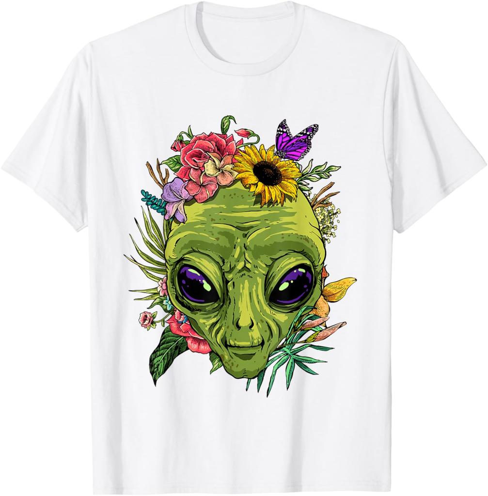 Alien mit Blumen Grafik-T-Shirt Herren Lässig Sommerausflug Rundhals-T-Shirt