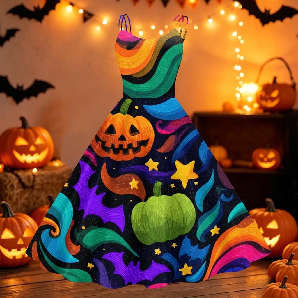 Vestido Vintage Punk de Hombros Descubiertos con Estampado de Halloween para Mujer Sin Mangas con Tirantes Finos de Espagueti Vestido de Línea A con Estampado de Calabaza Fantasma Murciélago de Halloween