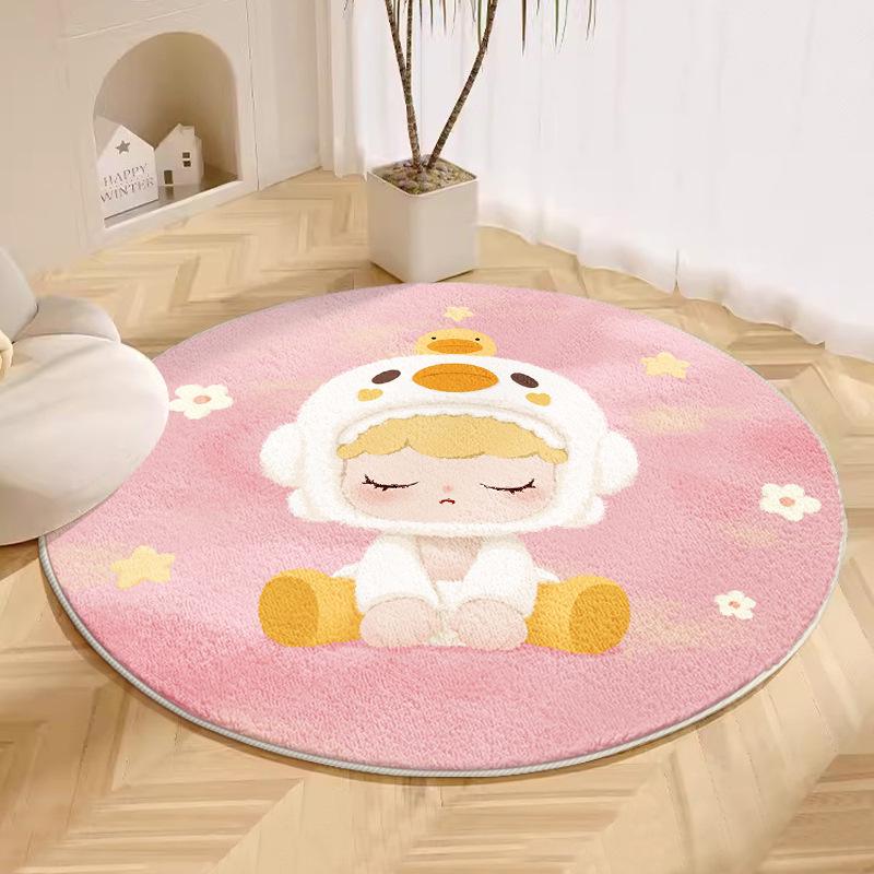 Cute Cartoon Pink Carpet for Girls: Cool-Proof Round Faux Cashmere Bedside Rug.