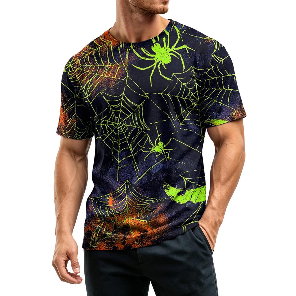 Men Casual Crew Neck Lightweight Breathable Short Sleeve T Shirt with Halloween Web Print for Daily Wear