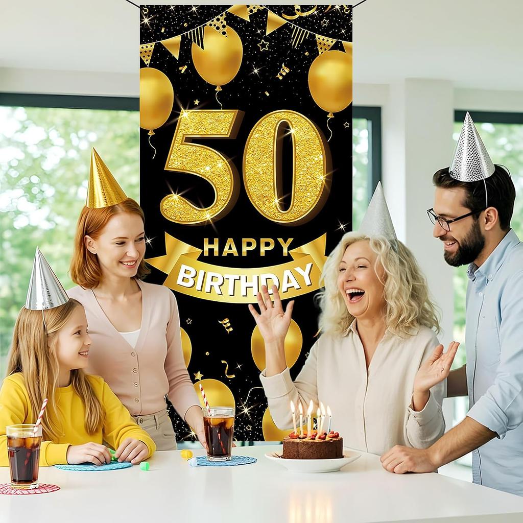 50th Birthday Decorations for Men & Women – Happy 50th Birthday Banner Backdrop, Fabric Yard Sign, Table Cloth, Photo Booth Props for Indoor