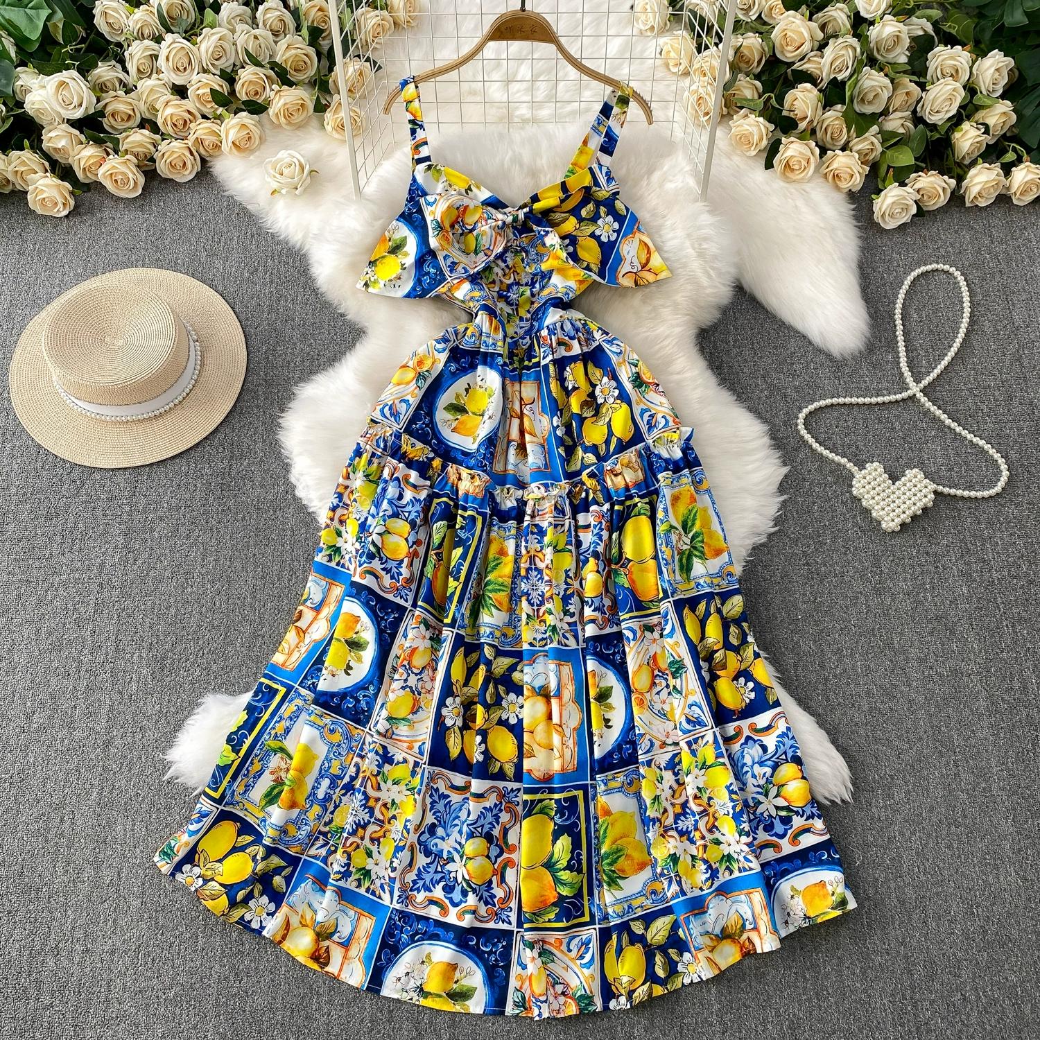 

Летние женские платья с фруктовым принтом с подиума, модные платья макси на тонких бретелях с бантом для отпуска и вечеринки XXL синий