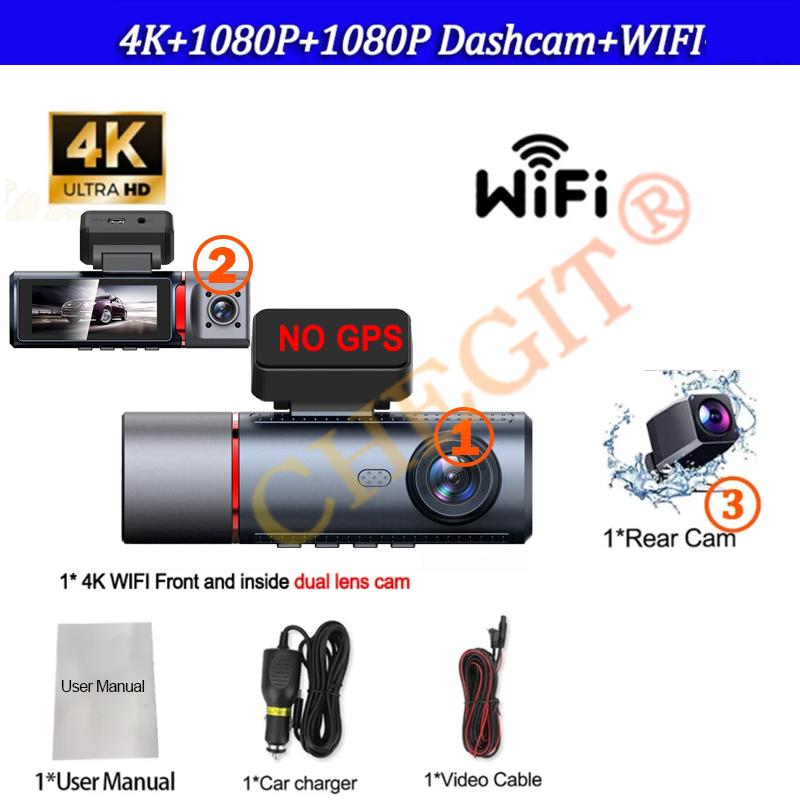 4K Car Dash Cam 3 Channels Video Recorder WIFI GPS Car DVR Parking Monitor Front With Rear View Night Vision Black Box for Car