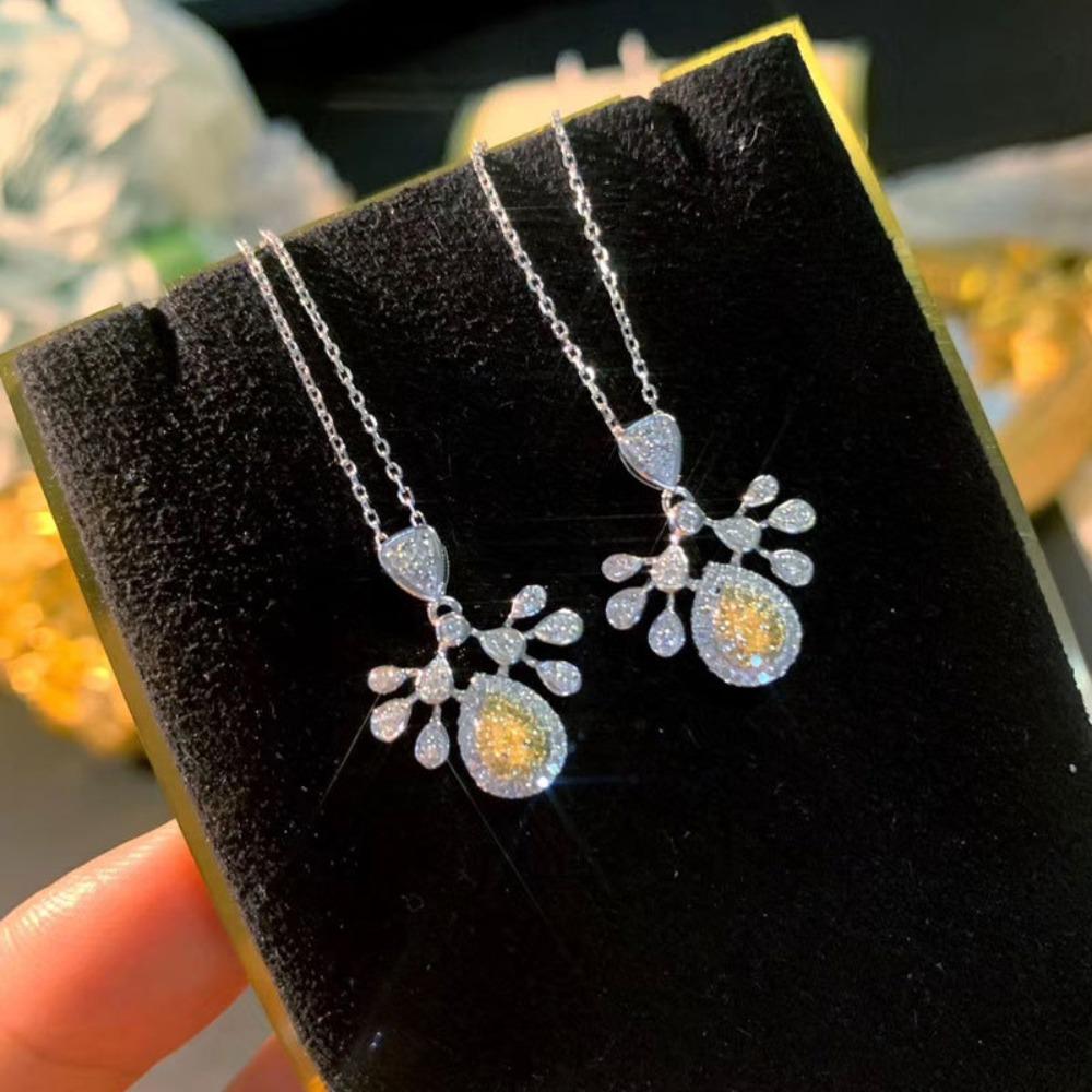 Luxury Women Jewelry Set with Colorful Teardrop Yellow Diamond Earrings and Necklace Full of Sparkling Stones