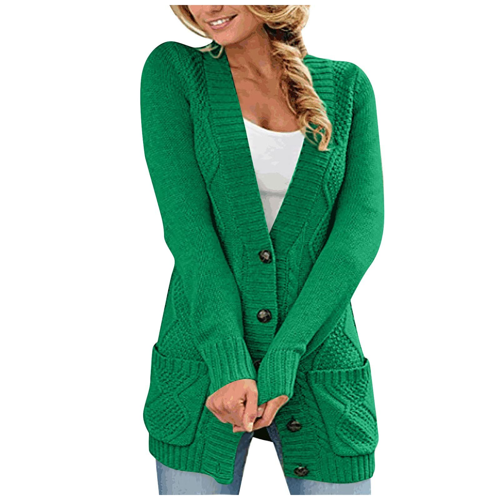 

Womens Button Cardigan Sweaters Long Open Front Sweater Coat With Pocketed Plus Size L зелёный