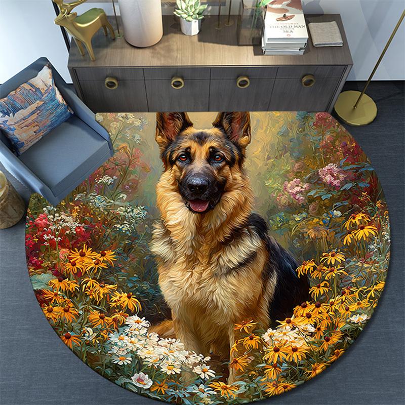 German Shepherd Round Area Rug,Carpet Rug for Living Room Bedroom Sofa Playroom Decor,Non-slip Floor Mat