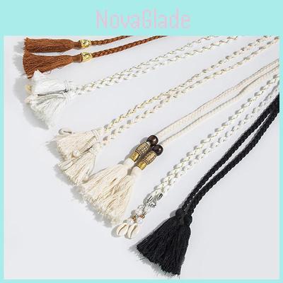 Bohemian Style Cotton Rope Belt With Wooden Beads And Fringe For Womens Casual Dress Accessory
