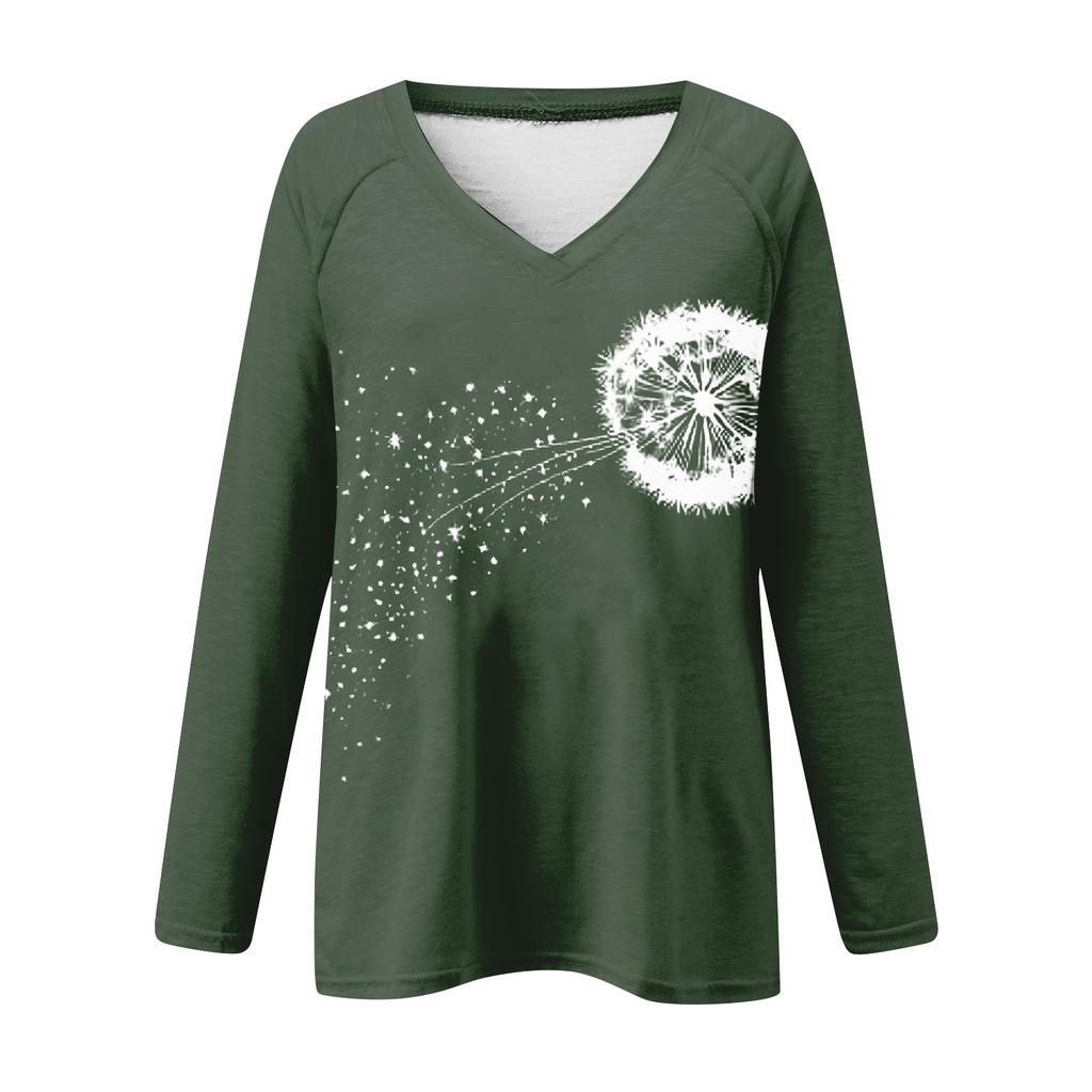 Damski T-shirt z długim rękawem, dekoltem V, nadrukiem wielkanocnym, casualowy, komfortowy top
