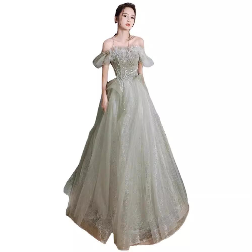 Green Evening Dress 1011 New Shoulder Small Skinny Host Temperament Fairy Mori Adult Dress Skirt