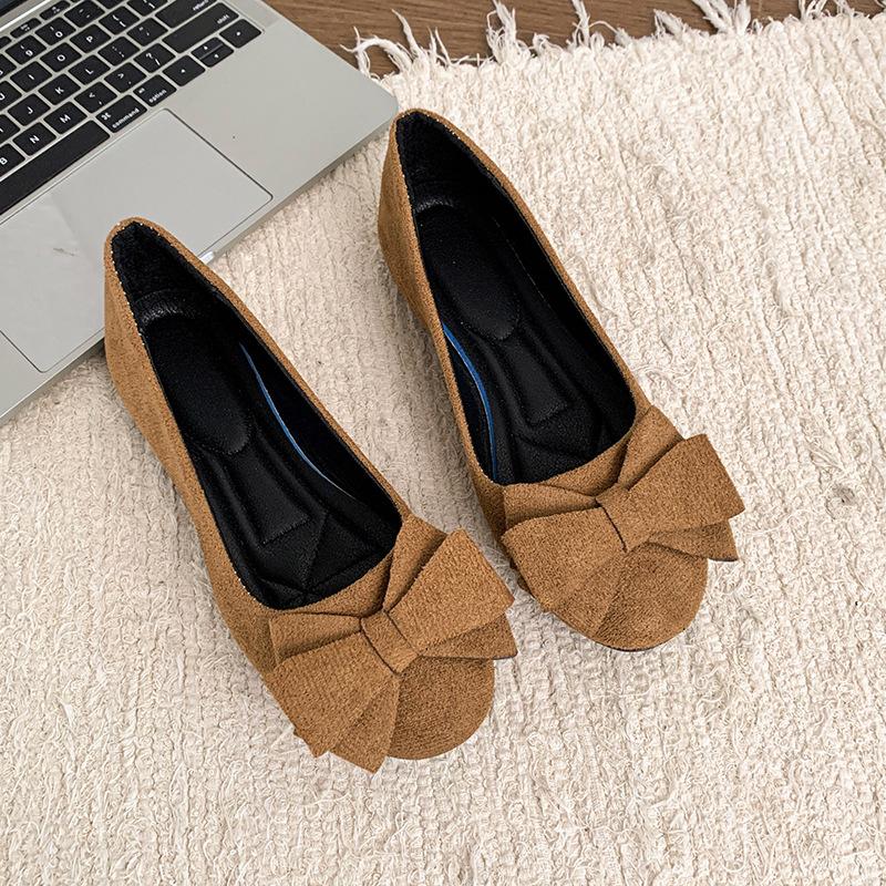 Large size flat-bottomed casual single shoes for women's new suede bow round head beanie shoes for women