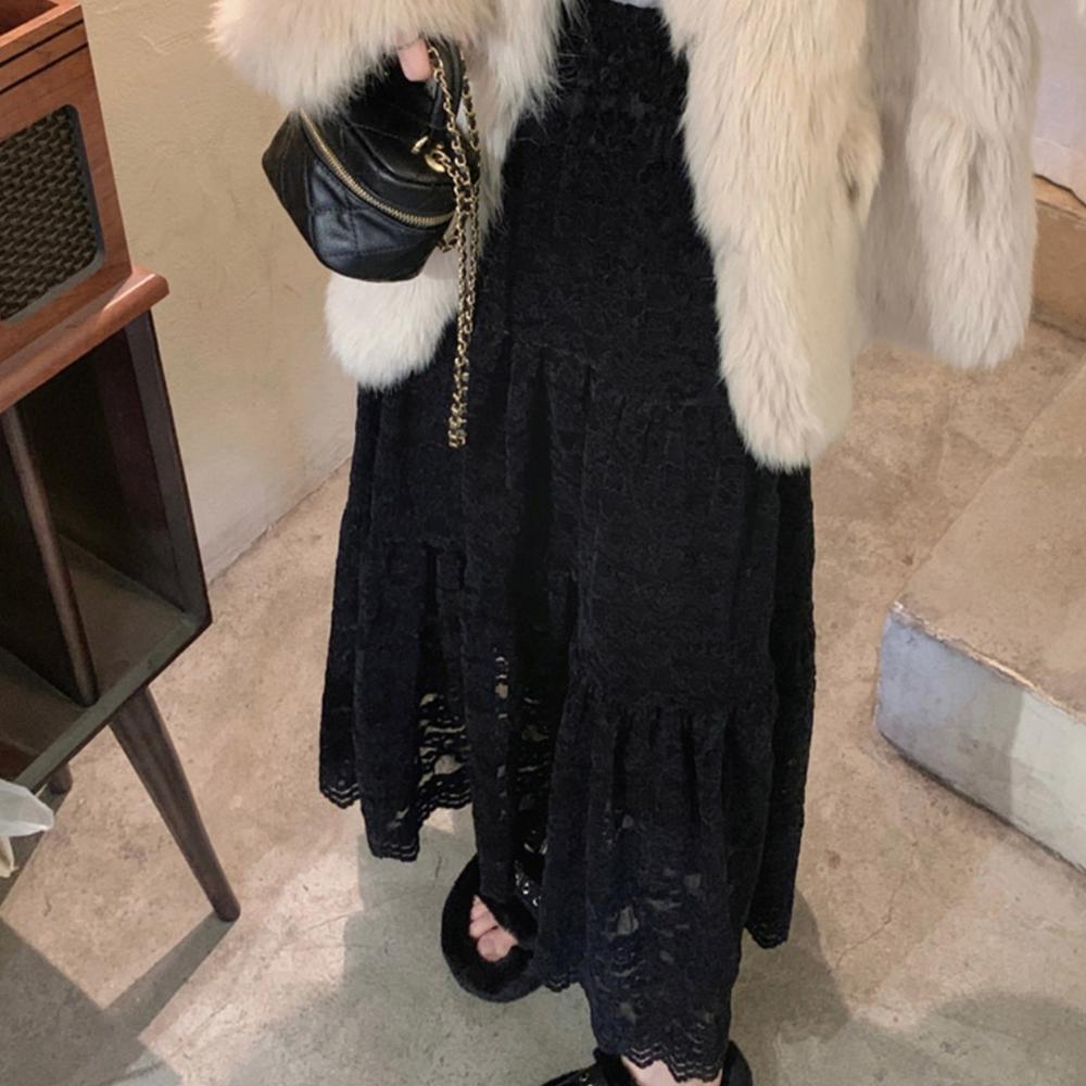 Fleece-Lined Lace Tiered Long Skirt – Cream/Black, From Korea