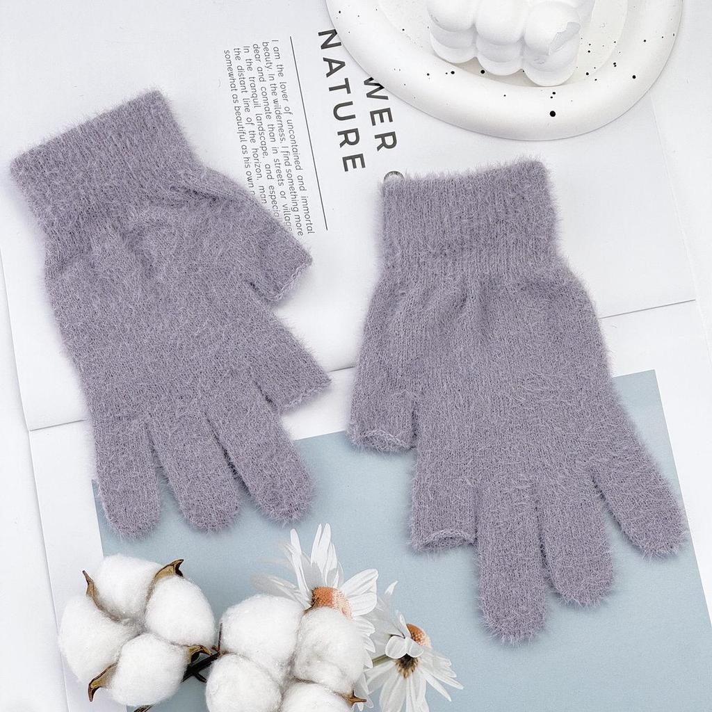 Half-Finger Faux Mink Women's Gloves: Autumn/Winter Student Writing & Cycling. Solid Color, Fingerless, Warm Commuting Gloves.