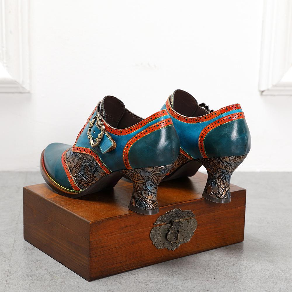 Johnature Damenschuhe, Pumps, High Heels, echtes Leder, spitze Zehen, Retro-Blumenmuster, handgefertigte Damenschuhe