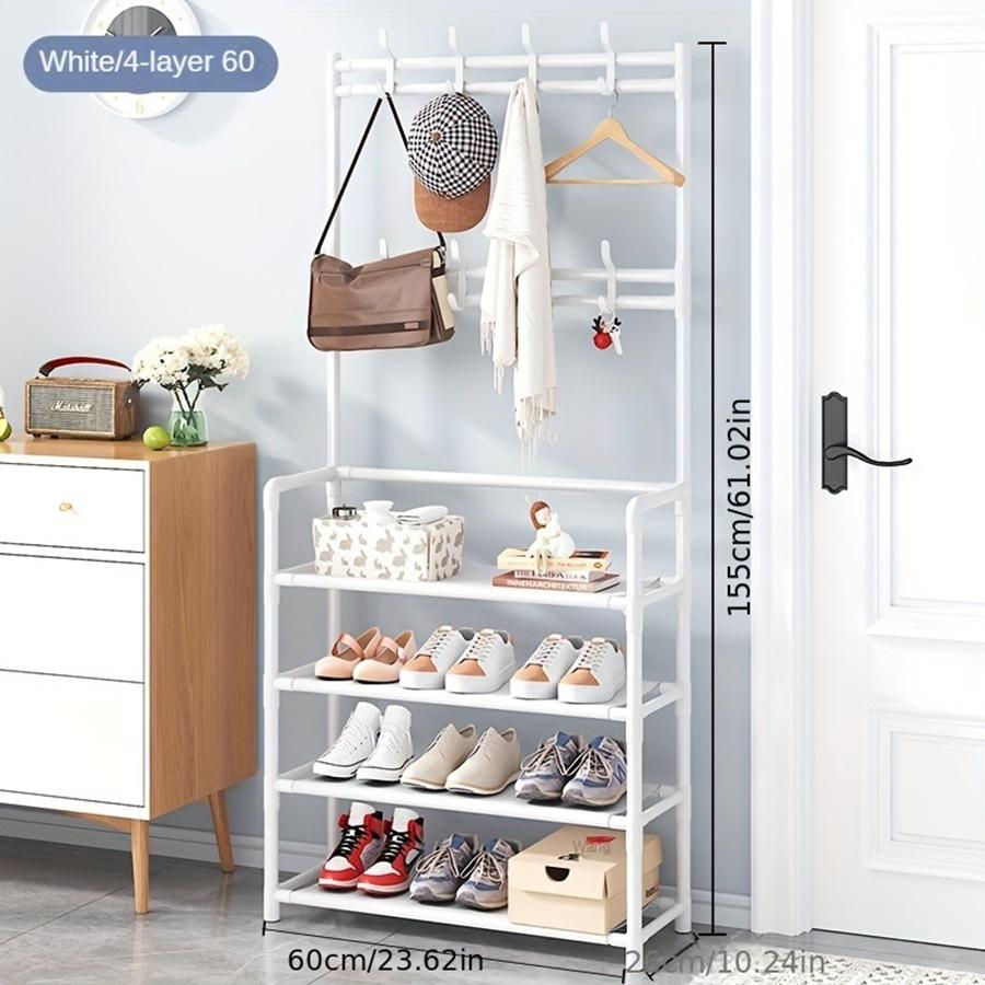 3-In-1 Design for Coat Rack with Shoe Storage White Freestanding Coat Rack with 8 Hooks for Hallway Entryway 60CM/23.6 In