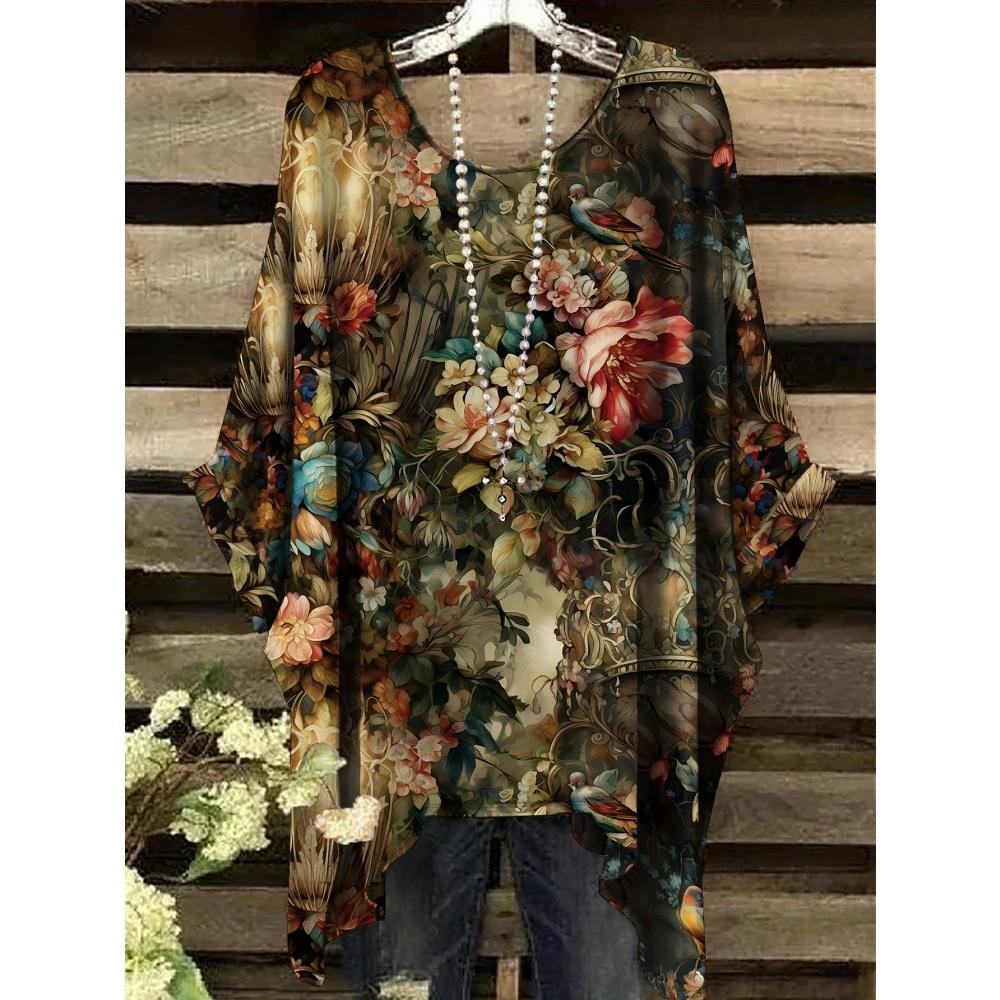 Damen Sommer Böhmisches T-Shirt mit Blumendruck Vintage Helllila Y2k Grafik Rundhals Kleidung Elegant Frau Kurzarm Top