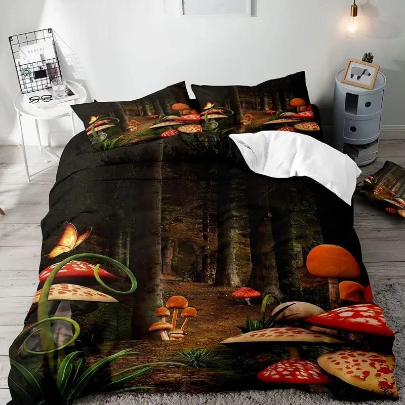 Aesthetic Boho Duvet Cover Full,3PCS  Bedding Set,Green Plant Botanical Fungus Beige Comforter Bedspread Quilt Cover