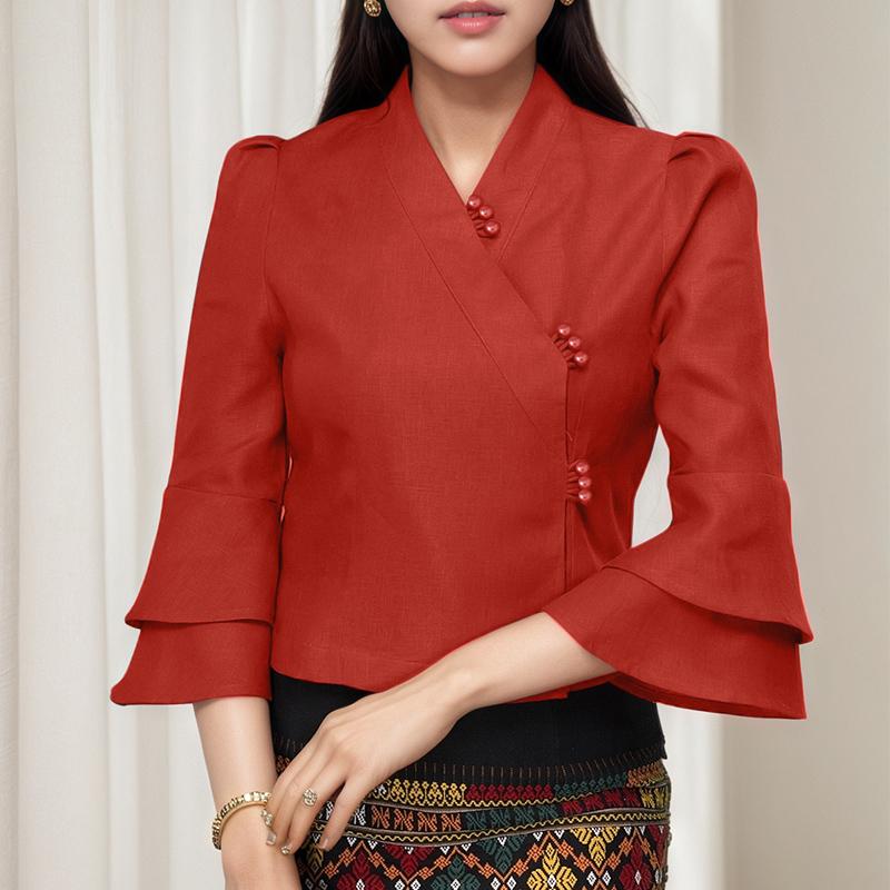 ZANZEA Womens Casual V-Neck Flare 3/4 Sleeve Loose Plain Blouse