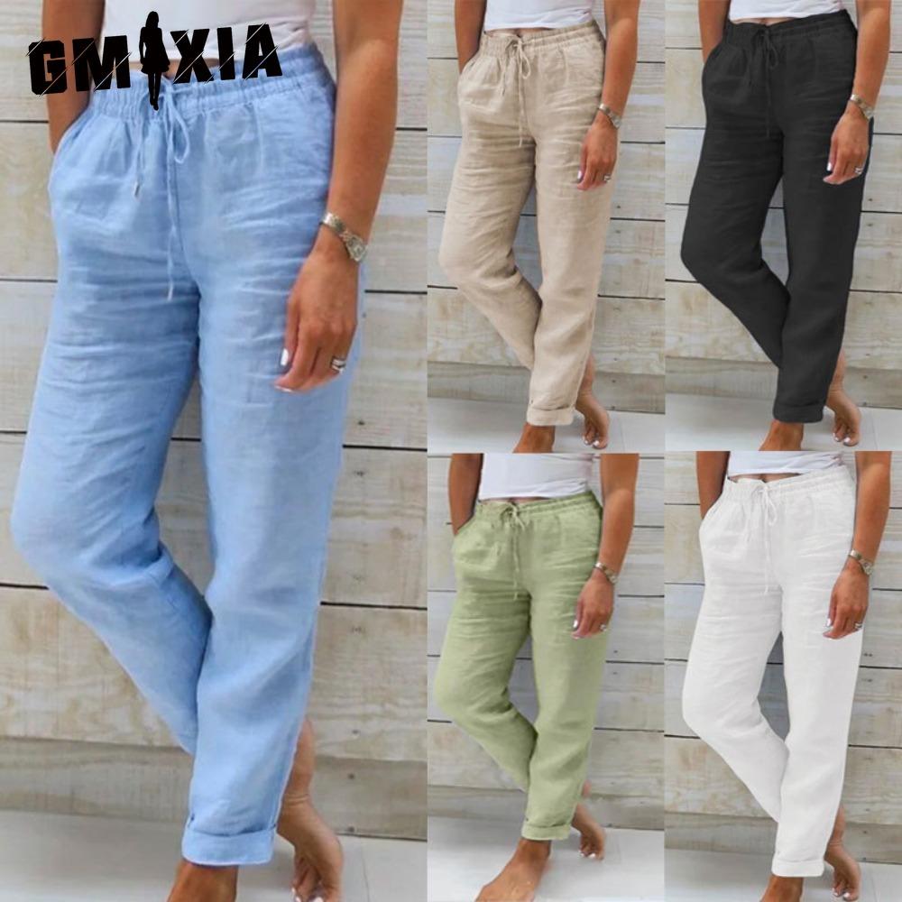 

GMXIA Women s Summer Wide Leg Elastic Waist Trousers Nine Points S белый