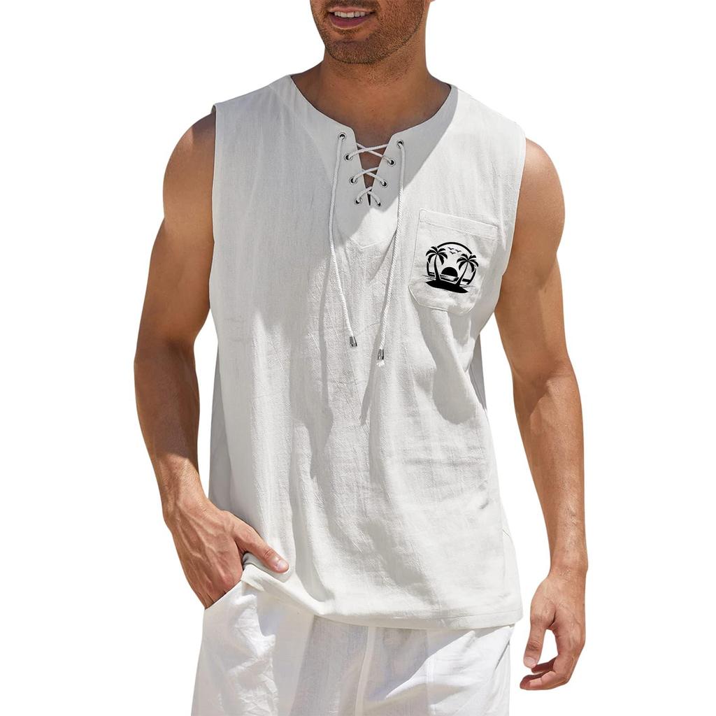 Men's Hawaiian Print Tank Top - Casual Loose Fit Sleeveless Tie Front, Hawaiian Floral Pattern Summer Beach Vacation Outdoor Sports Travel Top