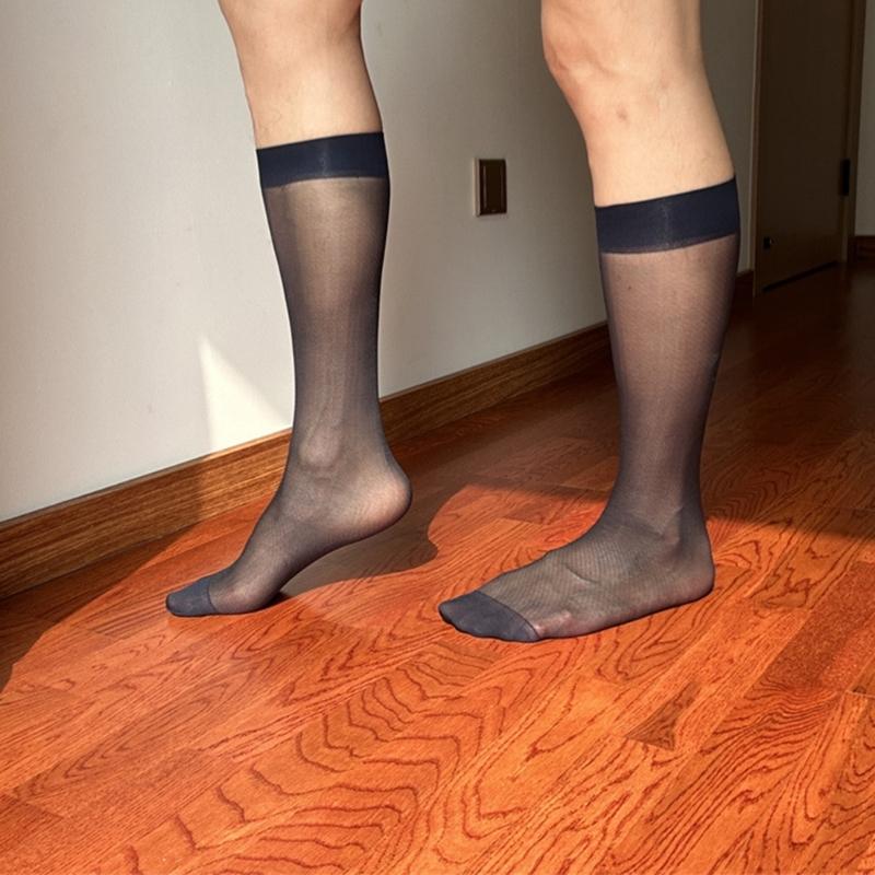 Men's Middle Calf Business Socks with Twill Pattern See Through Thin Nylon Dress Socks Stockings for Formal Occasion