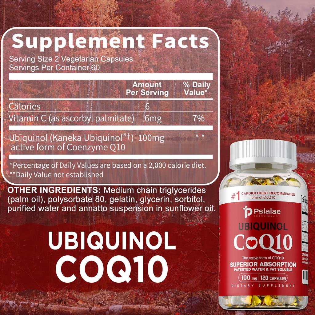 Pslalae Super Coenzima Q10 in Capsule Morbide, 100mg per dose, antiossidante, benefico per la salute del cuore e la produzione di energia.