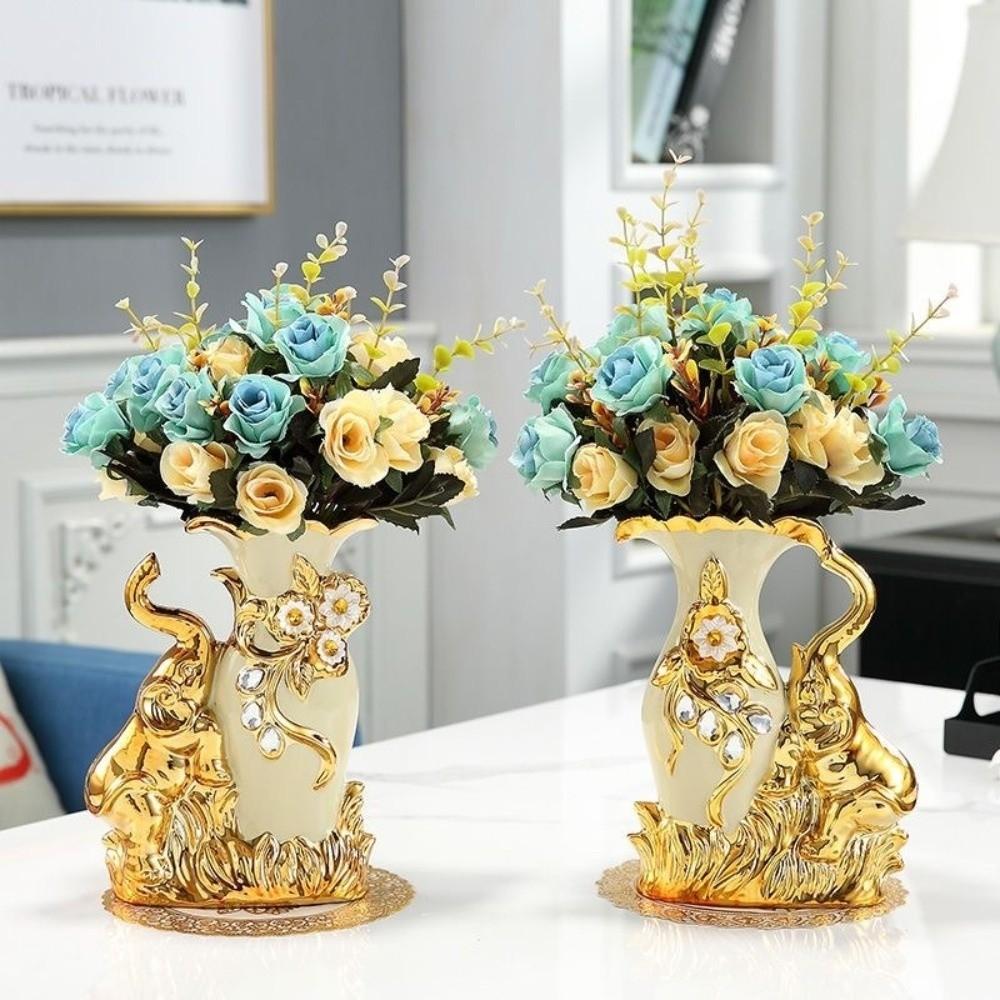 European Style Elephant Vase Modern Flower Container Flower Holder Ceramic Gold Vase  Dining Table