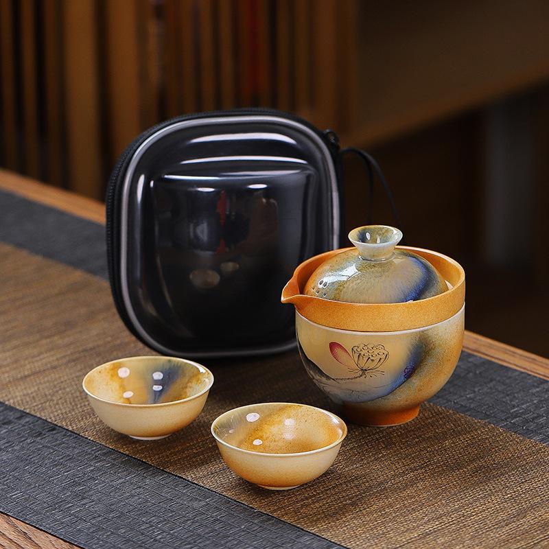 Firewood Kuaike Tea Set Creative Travel Ceramic One Pot Three Cups Gift Set Outdoor Portable Tea Pot