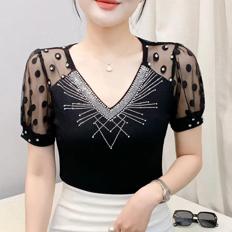 Summer New Mesh T-shirt Shiny Hot Diamonds Tees Sexy V-neck Short Sleeve Women's Tops Fashion Classic Girl Streetwear Blouse