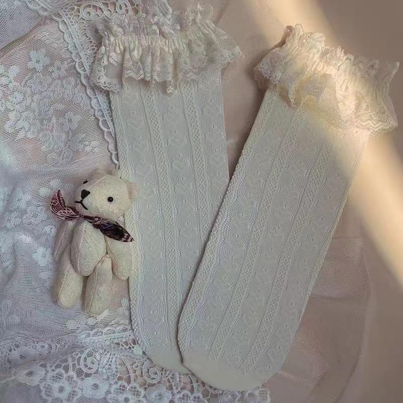 Women's Summer Spring Cotton Socks Thin White Lolita Lace Stocking Black Jk Bow Sweet Mid-leg Calf Socks Sweet Style Girls Gift