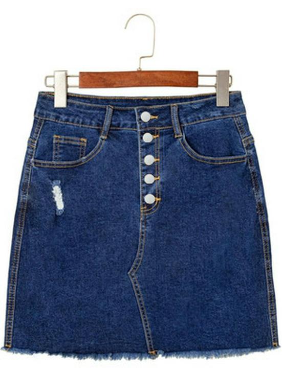 Women's High Waist Ripped Denim Mini Skirt - Slim Fit, Raw Hem, Single-Breasted, European & American Style