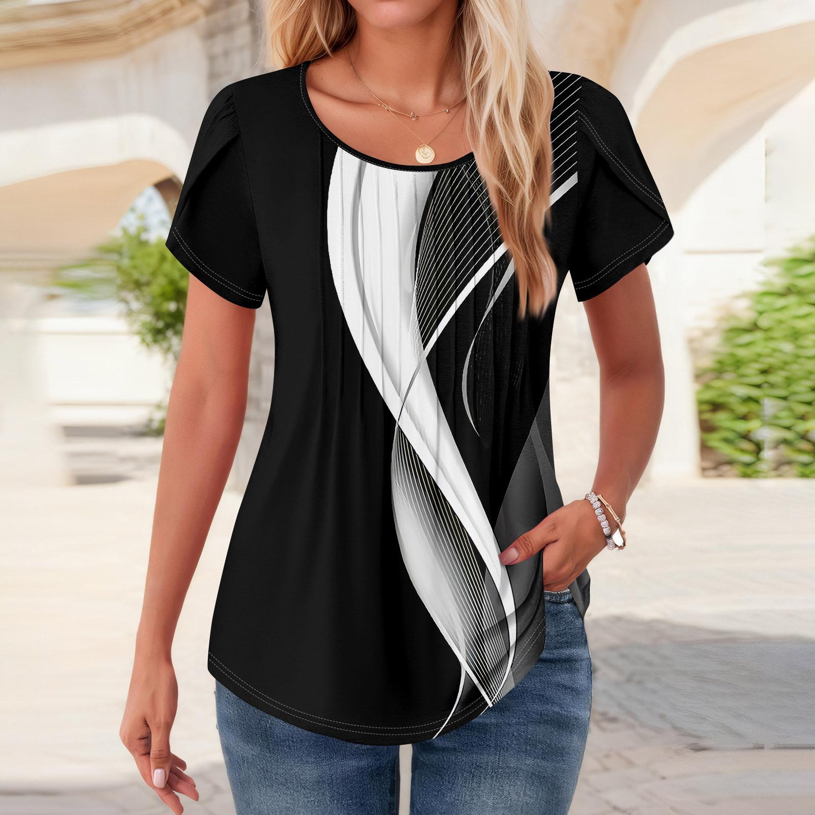 

Женские топы с коротким рукавом и круглым вырезом, летние рубашки с цветочным принтом, блузки для женщин, нарядные повседневные L чёрный