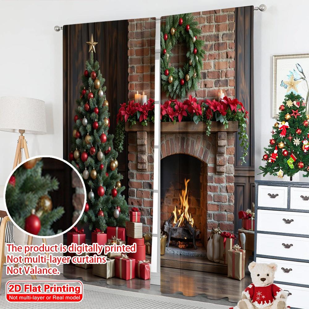 2pcs 2D Flat Printing Christmas Party Curtain Christmas Fireplace Stockings Presents 100% Polyester Without Electricity 0 for