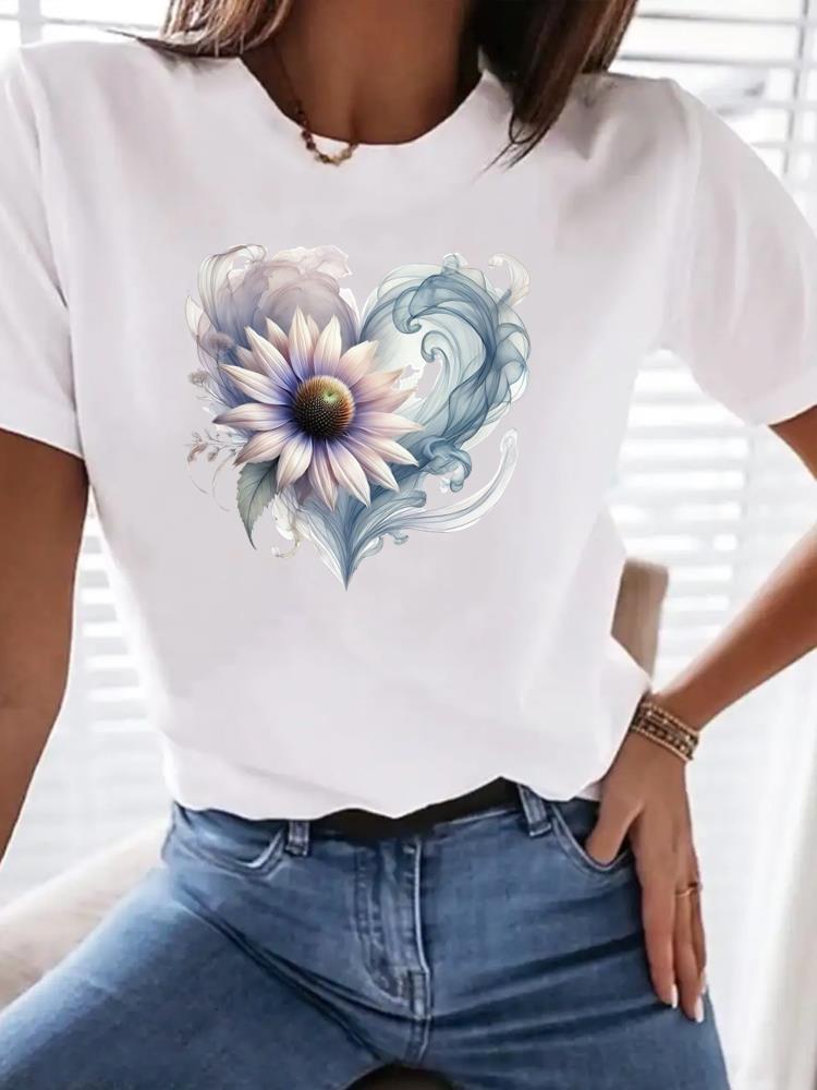 (Asian Size) love heart flower cute Print Female Clothing T Shirt Women Fashion Tee Top Woman Short Sleeve Graphic T-shirts