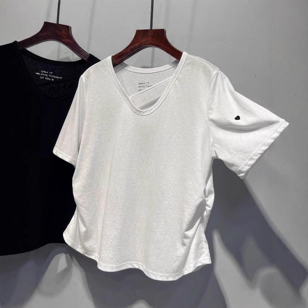 European Plus Size U-Neck Ruched Short-Sleeve Cotton T-Shirt for Summer 2025