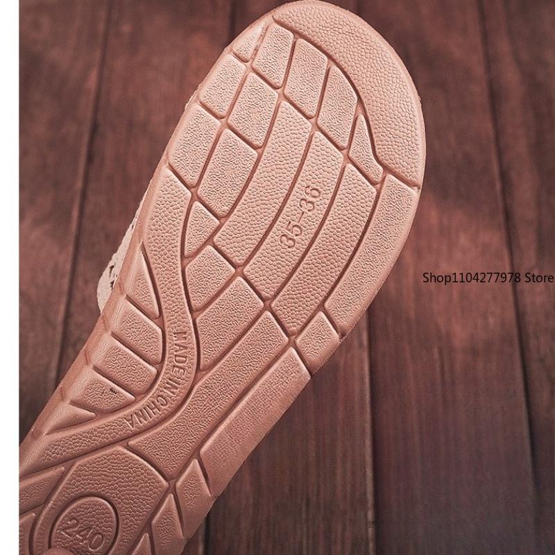 Fashion Women Indoor Linen Cane Slippers 2025 Spring Summer Shoes Anti-slip Light Weight Breathable Lace Couples Home Floor Slides