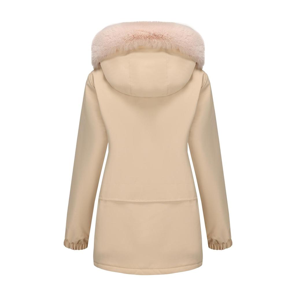 Women’s Parka Coats Faux Fur Hooded Fleece Lining Zipper Warm Cotton Jackets Mid-length Puff Outerwear Winter Clothes